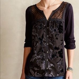 Anthropologie Gray Lace Sheer Button down Top XS